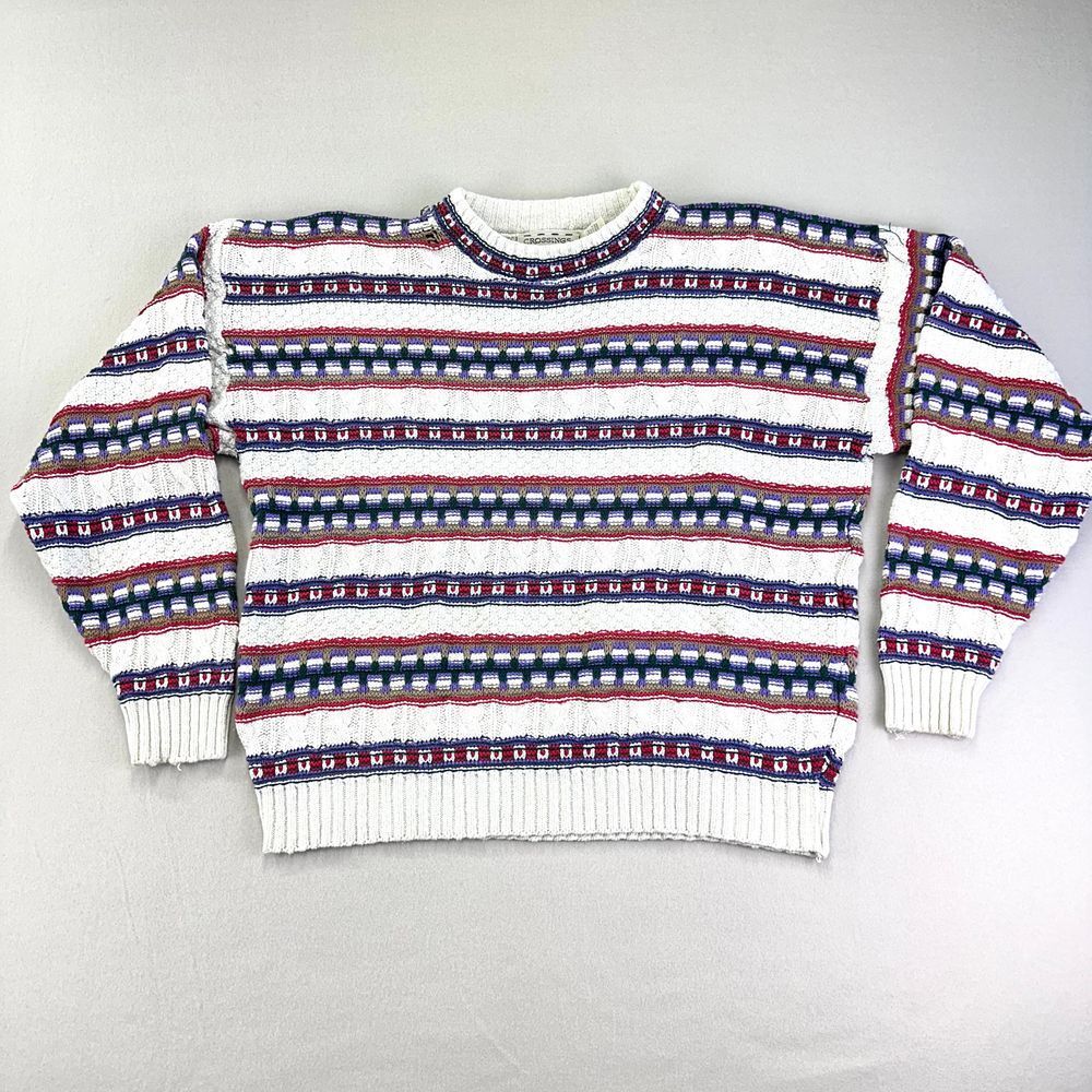 Vintage Crossings Sweater Womens L White Purple Cotton Knit USA Beach Cottage
